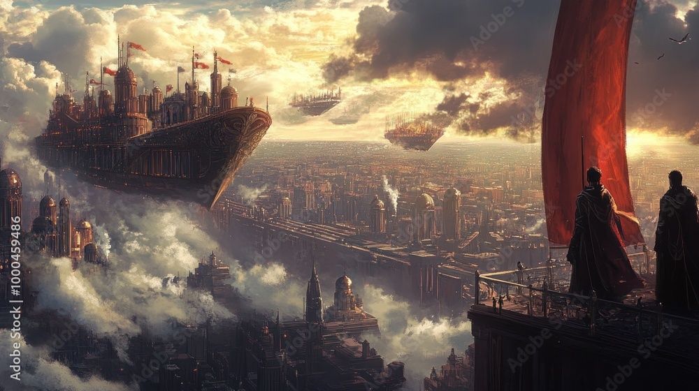 Poster Two Figures Standing on a Rooftop Overlooking a City of Floating Structures