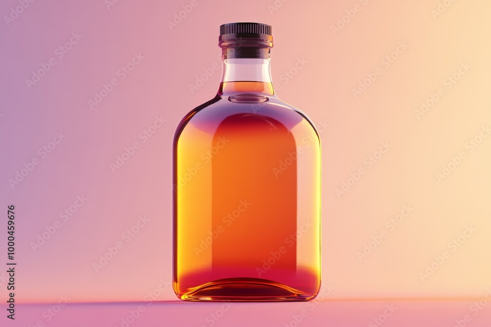 Poster amber colored bottle with a black cap placed on a warm gradient surface illuminated by soft natural 