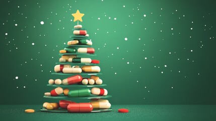 Unique Christmas tree illustration created from medicine bottles and pills set against a vibrant green background during the festive season