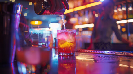 Barman pouring cocktail in nightclub, entertainment drinks and service industry 
