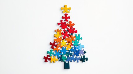 Vibrant puzzle piece Christmas tree illustration on a white background for holiday decor