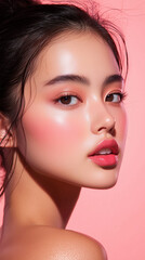 Fototapeta premium young asian woman with makeup pink background lipstick makeup brand marketing social media post