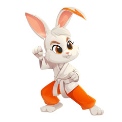 A cute white bunny rabbit wearing a karate uniform in a fighting stance.