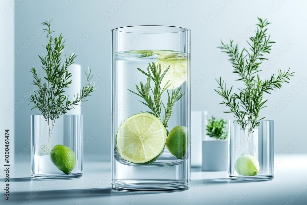 Poster clean and minimalist arrangement of glass containers with lime herbs and ice cold water on a white b
