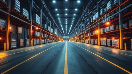 Fototapeta premium Empty Warehouse Interior with Bright Lights and Yellow Lines on the Floor