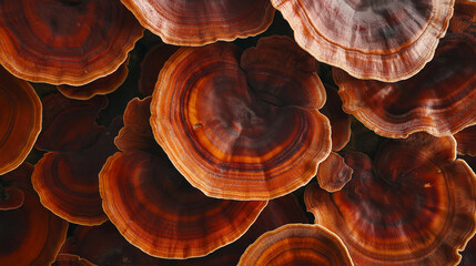 a close-up, top-down view of reishi mushrooms spread across the entire frame, filling the image with their rich, reddish-brown color and tough, woody texture