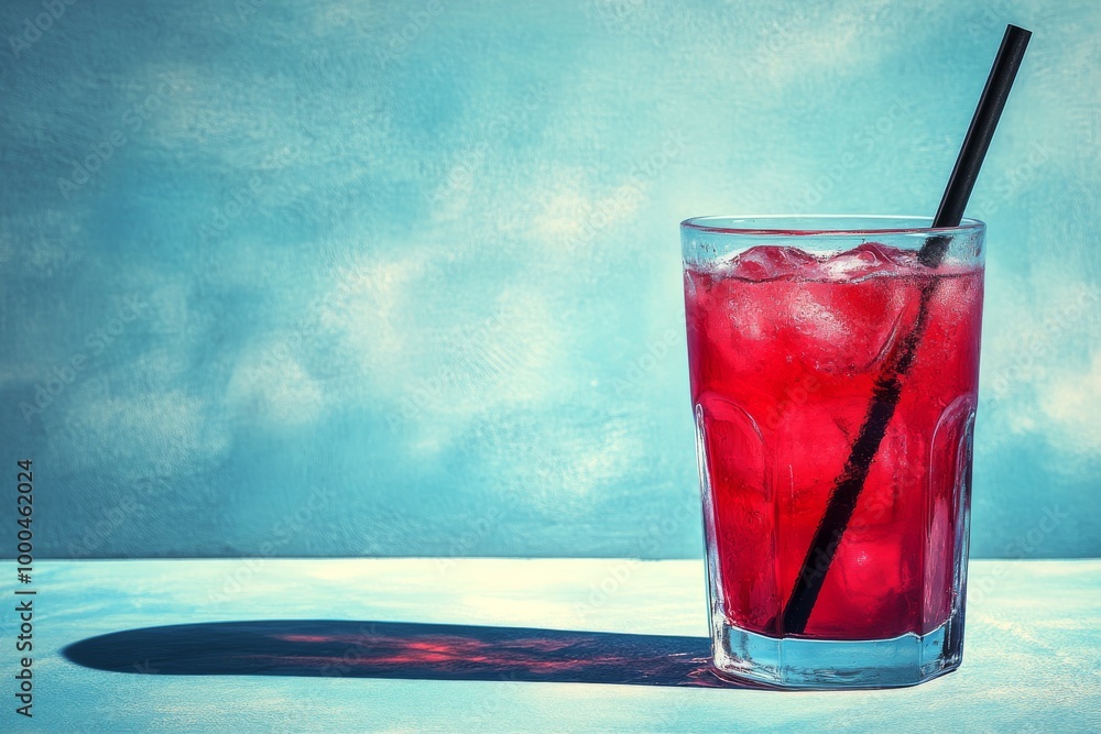 Poster glass of cranberry juice with a black straw placed against a cool toned background symbolizing simpl