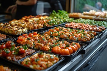 Obraz premium Variety of culinary delights. Teasty food in a salad bar at a restaurant. Selective focus