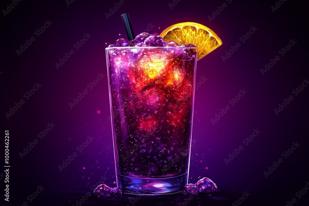 Aufkleber glass of cola with ice and an orange slice set against a vibrant purple background highlighting bold