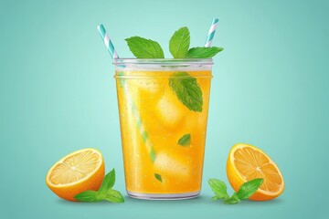 Fototapeta premium Lemonade with ice and mint leaves in a clear glass set against a light blue background emphasizing freshness simplicity and vibrant summer tones