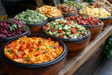 Obraz premium Variety of culinary delights. Teasty food in a salad bar at a restaurant. Selective focus