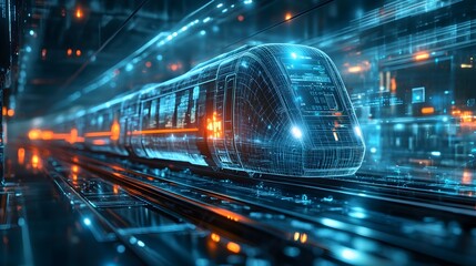Fototapeta premium Futuristic high-speed trains traveling through urban centers in modern city pictures