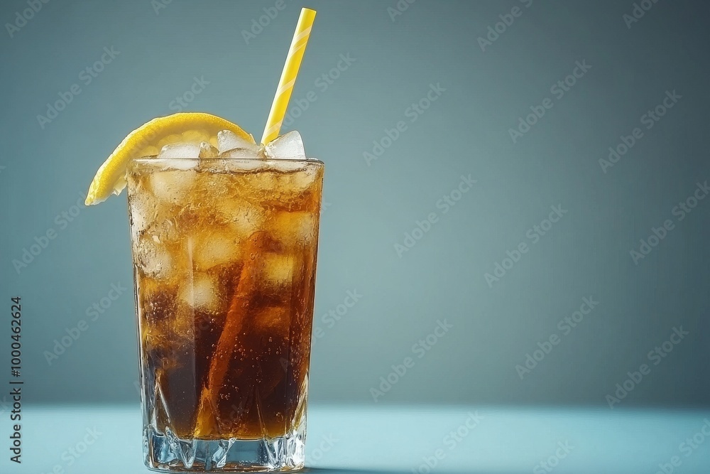 Poster glass of iced cola with a slice of lemon and a straw against a cool teal background creating a refre