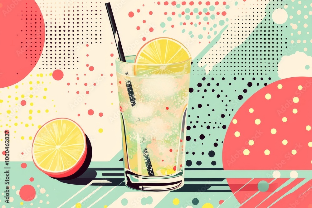 Poster fizzy lemonade with lime slice and a straw in a glass against an abstract geometric background blend