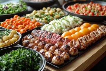 Variety of culinary delights. Teasty food in a salad bar at a restaurant. Selective focus