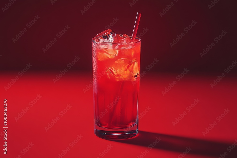 Poster glass of iced cranberry juice with a red straw against a bold red backdrop creating a sharp contrast