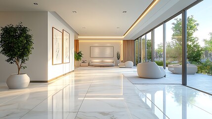 Fototapeta premium Modern minimalist hallway interior with white marble floor, large windows, and green plants