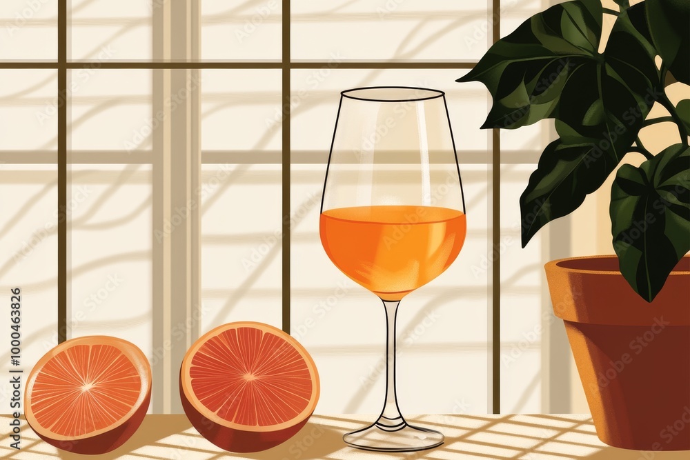 Poster glass of white wine set on a table with whole and sliced oranges against a sunlit window capturing a