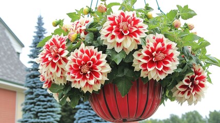 Fototapeta premium A stunning display of large red and cream-colored dahlia flowers in full bloom, featuring intricate bell-shaped blooms with deep notches at their ends. The lush foliage in the pot complements 