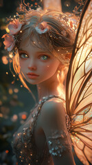 Magical fairy in a shimmering dress amidst enchanted light.