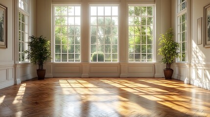 Fototapeta premium Sunlight streaming through large windows in a spacious empty room with hardwood floors