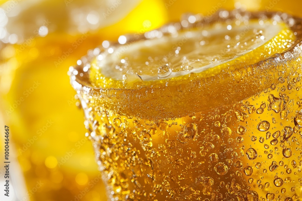 Poster close up of a yellow beer with bubbles and a frothy head set against a peach background capturing th