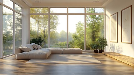 Obraz premium Modern living room with large windows and natural light, minimalist furniture and wooden floor