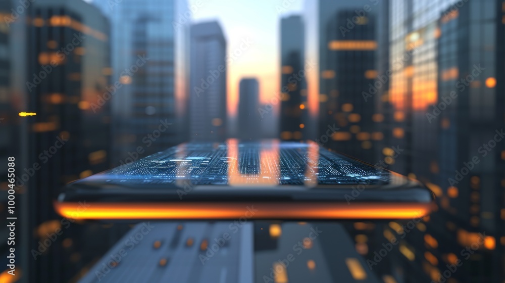 Poster a floating smartphone hovering over a digital cityscape at dusk, with glowing blue data patterns ove