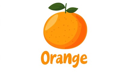 A vibrant illustration of a single orange on a clean white background, emphasizing its bright color and round shape. Below the orange, the word "Orange" is creatively written in a fun, 