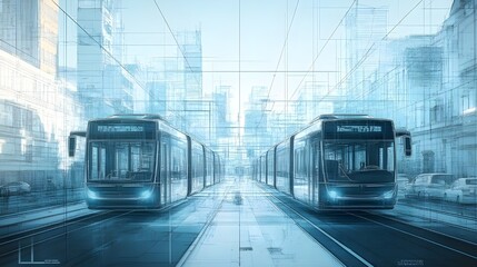 Fototapeta premium Modern cityscape with high-speed trains in motion, captured in stunning images