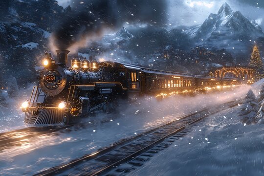 Christmas Eve polar express train, steam billowing, lights glowing from windows, snowy landscape rushing by