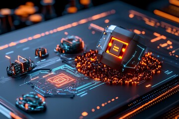 Interactive 3D model of a cyber-attack, with digital elements like firewalls, encryption, and breach points displayed in a virtual environment for exploration