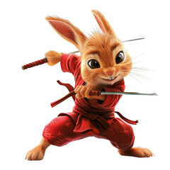 A cute, cartoon bunny dressed in a red ninja suit, holding a sword.