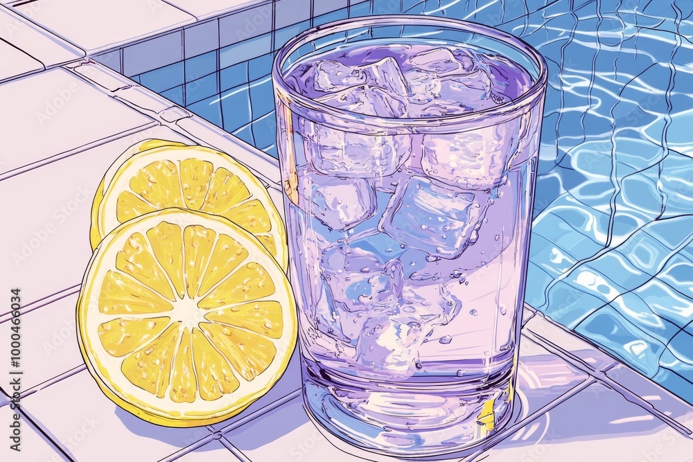 Poster tall glass of clear water with a lemon slice floating in a calm blue pool capturing the cool serene 