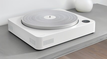 Fototapeta premium Retro Charm: Close-Up of Vintage Vinyl Record Player with Classic Album on Minimalist Concrete Wall