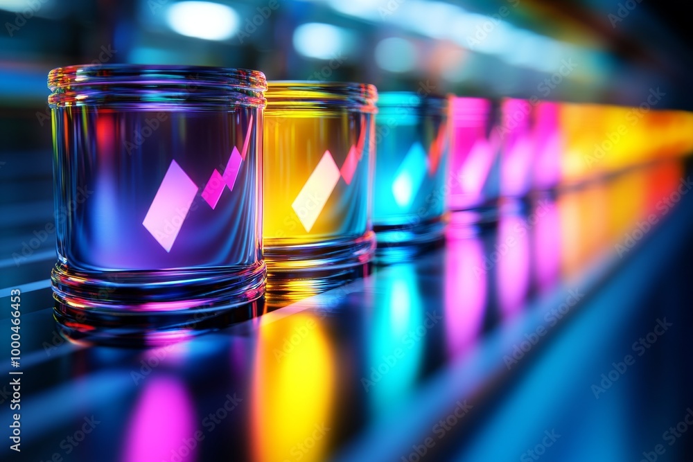 Poster colorful neon lit shot glasses on a bar counter with glowing reflections creating a dynamic and ener