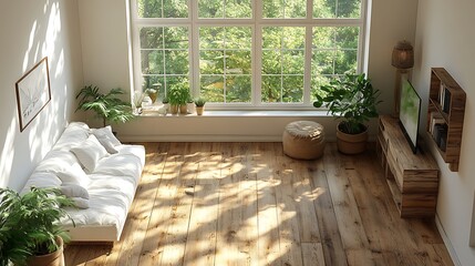 Fototapeta premium Minimalist living room interior design with large windows and natural light