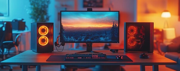 A gaming setup featuring a sleek monitor, colorful speakers, and ambient lighting, perfect for a modern digital workspace.