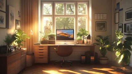 A cozy home office filled with sunlight, plants, and a computer, creating an inspiring workspace for productivity and creativity.