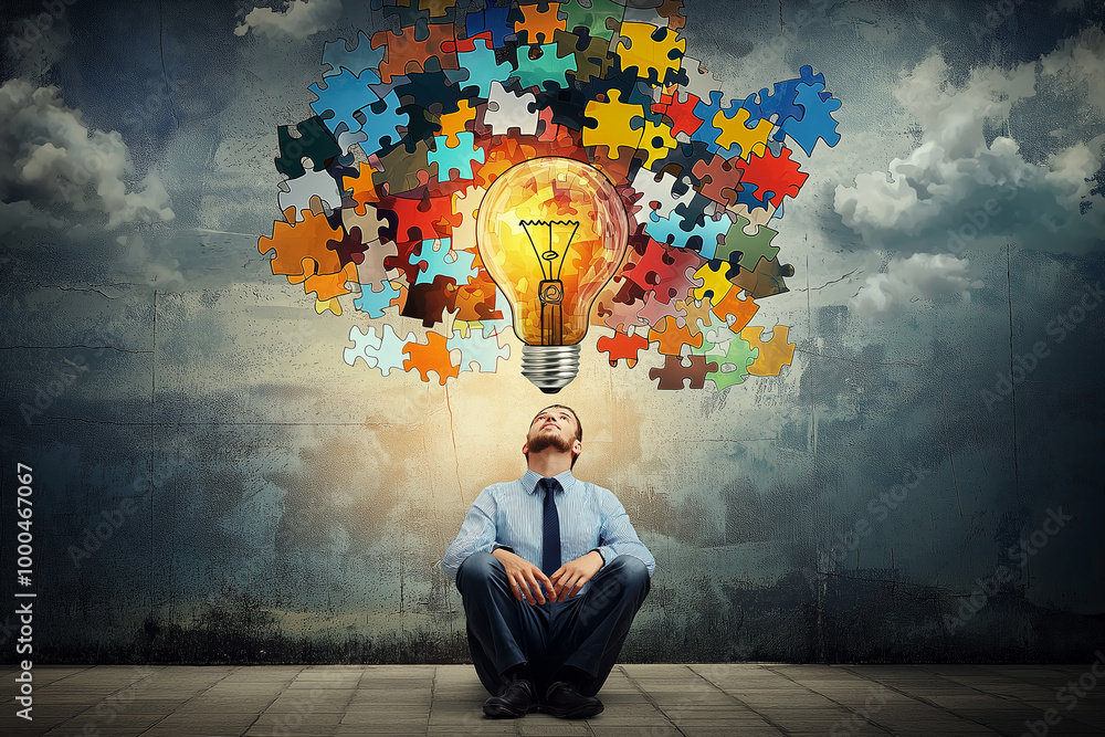 Poster man in suit sits on ground, gazing up at lightbulb made of colorful puzzle pieces floating above him