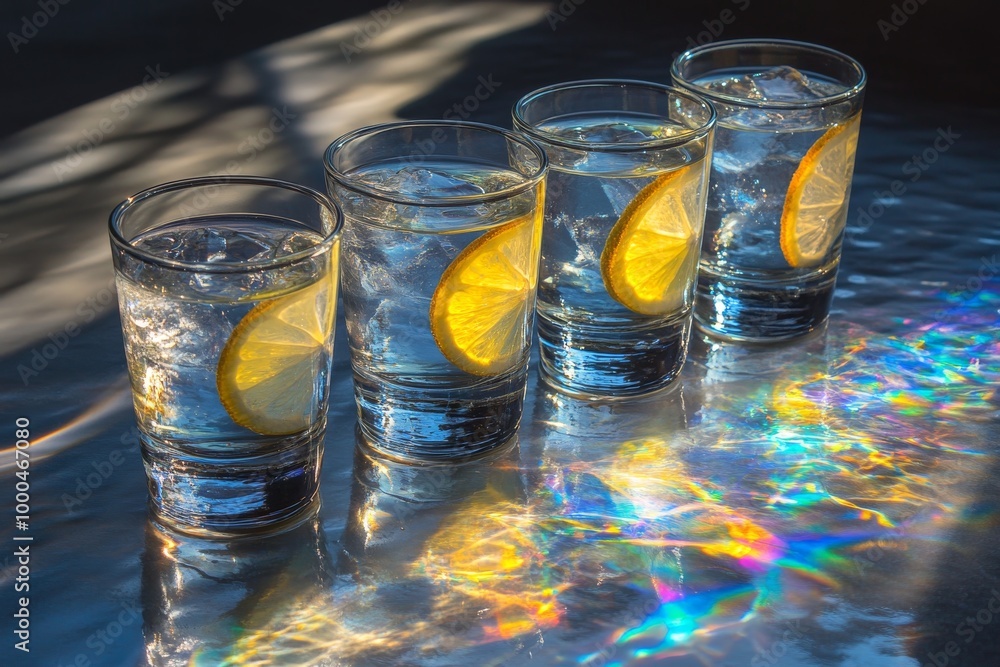 Poster five shot glasses filled with water and lemon slices placed on a wooden surface with colorful light 