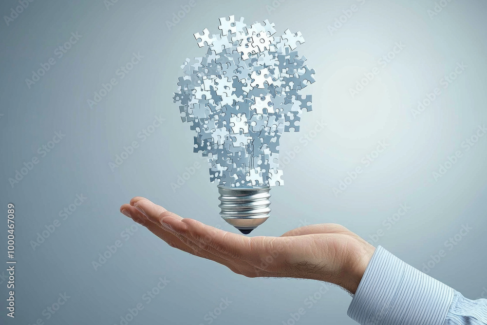Poster lightbulb made of puzzle pieces floats above hand, symbolizing creativity and problem solving. this 