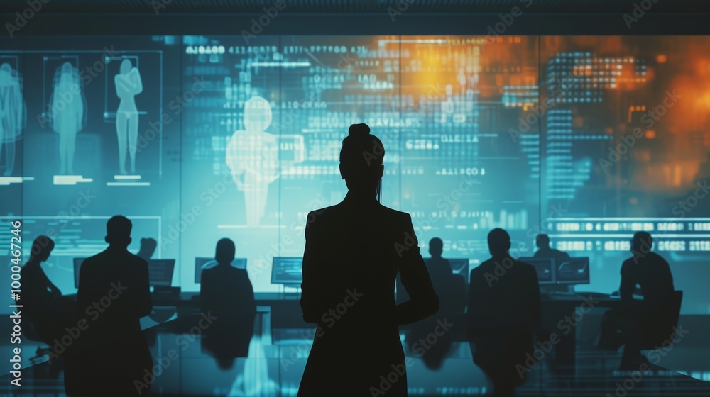 Aufkleber a silhouette of a person stands in front of a large data display, with several other team members in