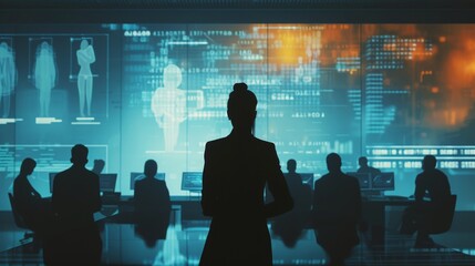 A silhouette of a person stands in front of a large data display, with several other team members in the background. The futuristic environment suggests technology, analytics, and cybersecurity