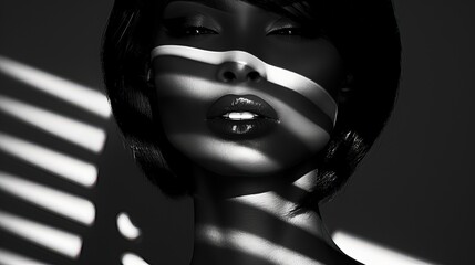 Classic Elegance: Black and White Portrait of a Woman with a Chic Bob Hairstyle, High-Contrast Backdrop