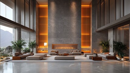 Modern spacious living room interior with large windows, fireplace, and warm lighting