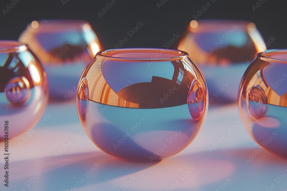 Poster macro shot of colorful iridescent spheres floating on a reflective surface emphasizing abstract patt