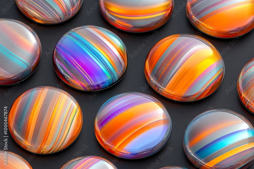 Poster close up of iridescent drink coasters with rainbow stripes arranged in a circular pattern highlighti
