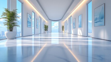 Fototapeta premium Modern interior design of a long hallway in a luxury building with bright light, white walls, and glossy floor