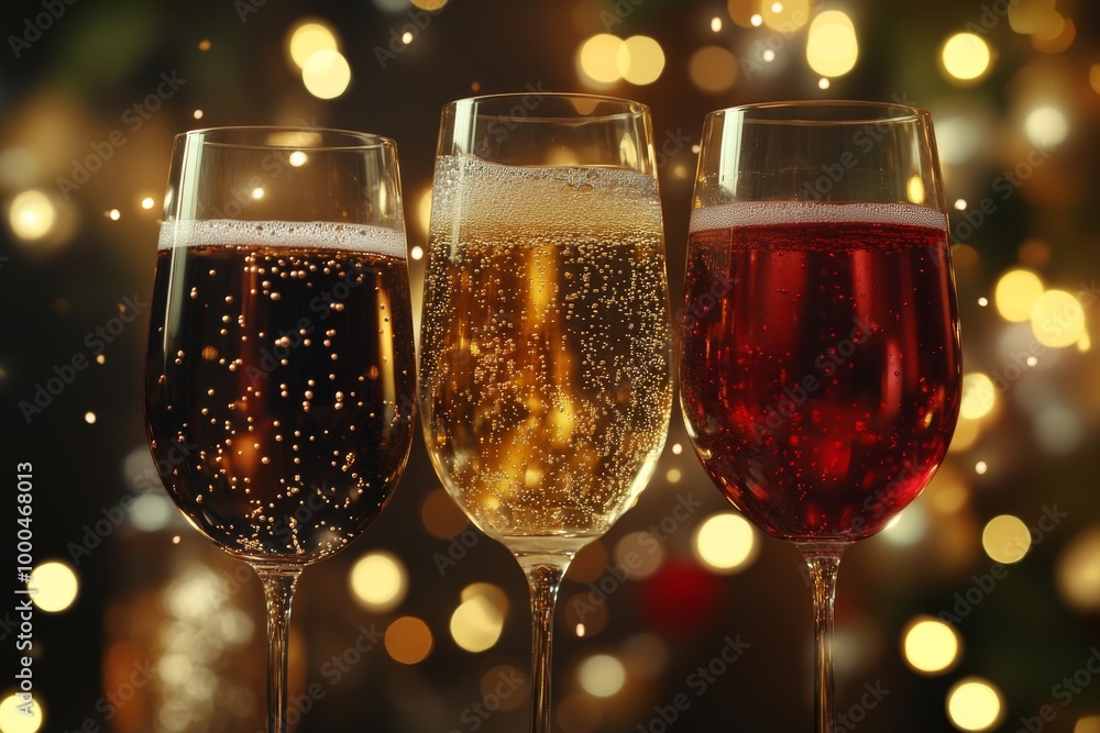 Poster three glasses of sparkling wine with bubbles set against a festive bokeh filled background capturing